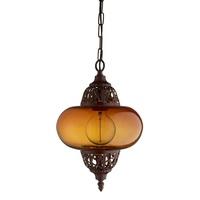 Searchlight 1421AM Moroccan 1 Light Ceiling Pendant Light In Antique Copper With Amber Glass
