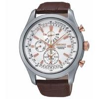 Seiko Chronograph men\'s perpetual calendar rose gold-tone brown leather strap watch