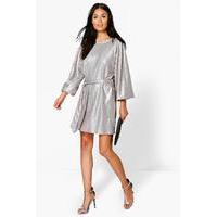 Sequin Belted Long Sleeve Shift Dress - grey