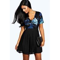 sequin top skater dress black