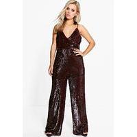 Sequin Wrap Strappy Jumpsuit - wine