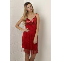 sequin bustier dress with tassel detail in red