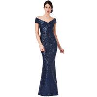 Sequin Maxi Dress with Pleated Neckline - Navy