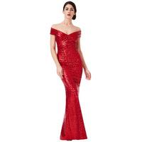 Sequin Maxi Dress with Pleated Neckline - Red