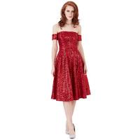 Sequin Bardot Midi Dress - Red
