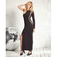 sequin trim one sleeve maxi dress