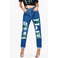 Sequin Distressed Boyfriend Jeans - indigo