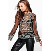 Sequin Mesh Long Sleeve Top - black