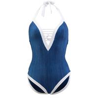 seafolly one piece blue deep v swimwear block party