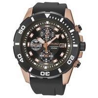 Seiko Mens Rose Gold Plated Black Rubber Strap Watch SNDE04P1
