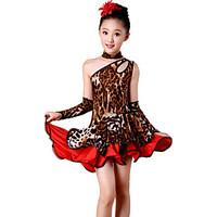 Shall We Latin Dance Dresses Children Performance Spandex / Polyester Leopard Off Shoulder Dance Costumes