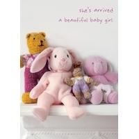 shes arrived baby girl personalised new baby girl card