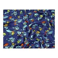 Sharks Print Soft Cotton Velour Dress Fabric Navy Blue