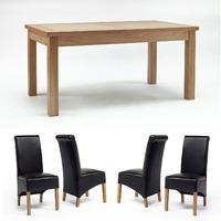 Sherwood Oak 160cm Fixed Dining Table & 4 or 6 Black Roll Back Dining Chairs (4 Chairs)