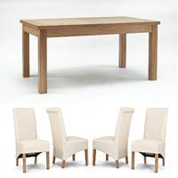 Sherwood Oak 160cm Fixed Dining Table & 4 or 6 Cream Roll Back Dining Chairs (6 Chairs)