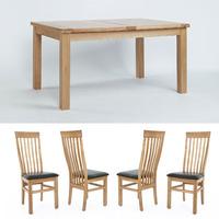 Sherwood Oak Large Extending Dining Table, 1 Bench + 4 Slat Back Dining Chairs - Multiple Colours (Brown Seats)