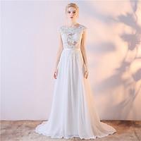 Sheath / Column Wedding Dress Beautiful Back Court Train Jewel Lace Satin Chiffon with Embroidered