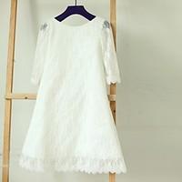 Sheath / Column Tea-length Flower Girl Dress - Lace Long Sleeve Bateau with Lace