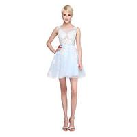 Short / Mini Lace Bridesmaid Dress - A-line Scoop with Lace / Sash / Ribbon