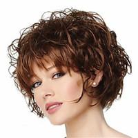 Short Curly Fluffy Full Side Bang Synthetic Wigs Brown Heat Resistant
