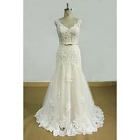 sheath column wedding dress floral lace sweep brush train v neck lace  ...