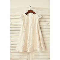 Sheath / Column Knee-length Flower Girl Dress - Lace Short Sleeve Scoop with