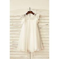 Sheath / Column Knee-length Flower Girl Dress - Chiffon / Lace Short Sleeve Scoop with