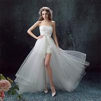 Sheath / Column Wedding Dress Two-in-One Asymmetrical Sweetheart Lace with Bow Appliques Beading Sash / Ribbon