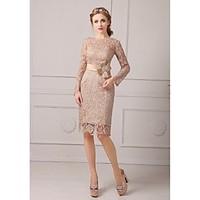 Sheath / Column Petite Mother of the Bride Dress - Floral Knee-length Long Sleeve Lace with Lace Sash / Ribbon