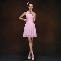 Short / Mini Lace-up Bridesmaid Dress - Sheath / Column Halter with Ruching