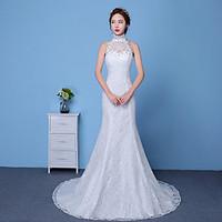 Sheath / Column Wedding Dress Floor-length High Neck Cotton Lace Tulle with Appliques Lace Pattern Sequin