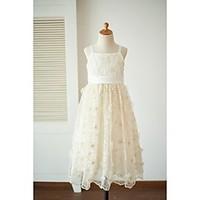 sheath column tea length flower girl dress lace satin straps with bows