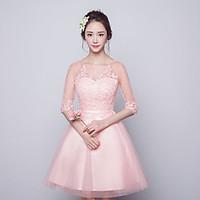 Short / Mini Tulle Bridesmaid Dress - A-line Jewel with Lace