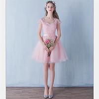 Short / Mini Tulle Bridesmaid Dress - A-line Jewel with Bow(s) / Lace