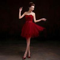 Short / Mini Tulle Lace-up Bridesmaid Dress - A-line Sweetheart with Sash / Ribbon