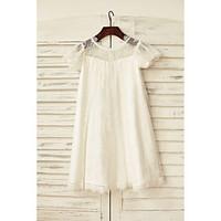 Sheath / Column Knee-length Flower Girl Dress - Lace Short Sleeve Scoop with