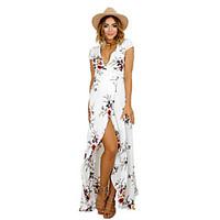 Shuxuer Women\'s Casual/Daily Beach Holiday Sexy Simple Boho Chiffon DressFloral V Neck Maxi Short Sleeve Polyester All Seasons High Rise