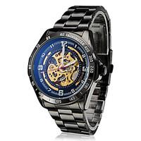 SHENHUA Men\'s Auto-Mechanical Hollow Dial Black Steel Band Wrist Watch Cool Watch Unique Watch