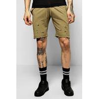 Shorts With Distressing & Raw Edges - khaki