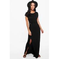 short sleeve split front maxi dress black