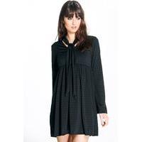 Shimmer Stripe Smock Tie Neck Dress - black