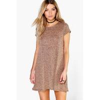 Short Sleeve Knitted Swing Dress - camel