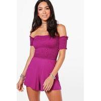 Shirred Off The Shoulder Playsuit - electric fuchsia