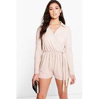 Shirt Style Wrap Front Playsuit - stone