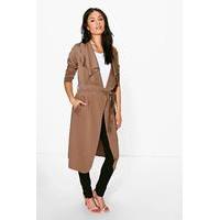 shawl collar belted duster camel