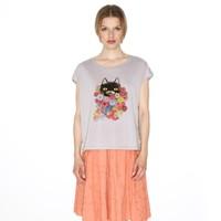 short sleeved t shirt with cat motif