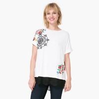 Short-Sleeved T-Shirt with Lace and Floral Motifs