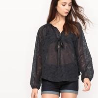 sheer openwork floral blouse