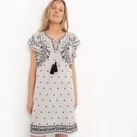 Short-Sleeved Folk-Style Dress with Tassel Trim