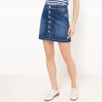 Short Denim Skirt with Fringed Hem and Front Button Fastening